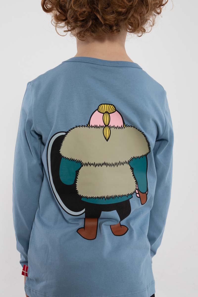 Fin langærmet bluse i støvet blå med print af vikingen Harald til børn