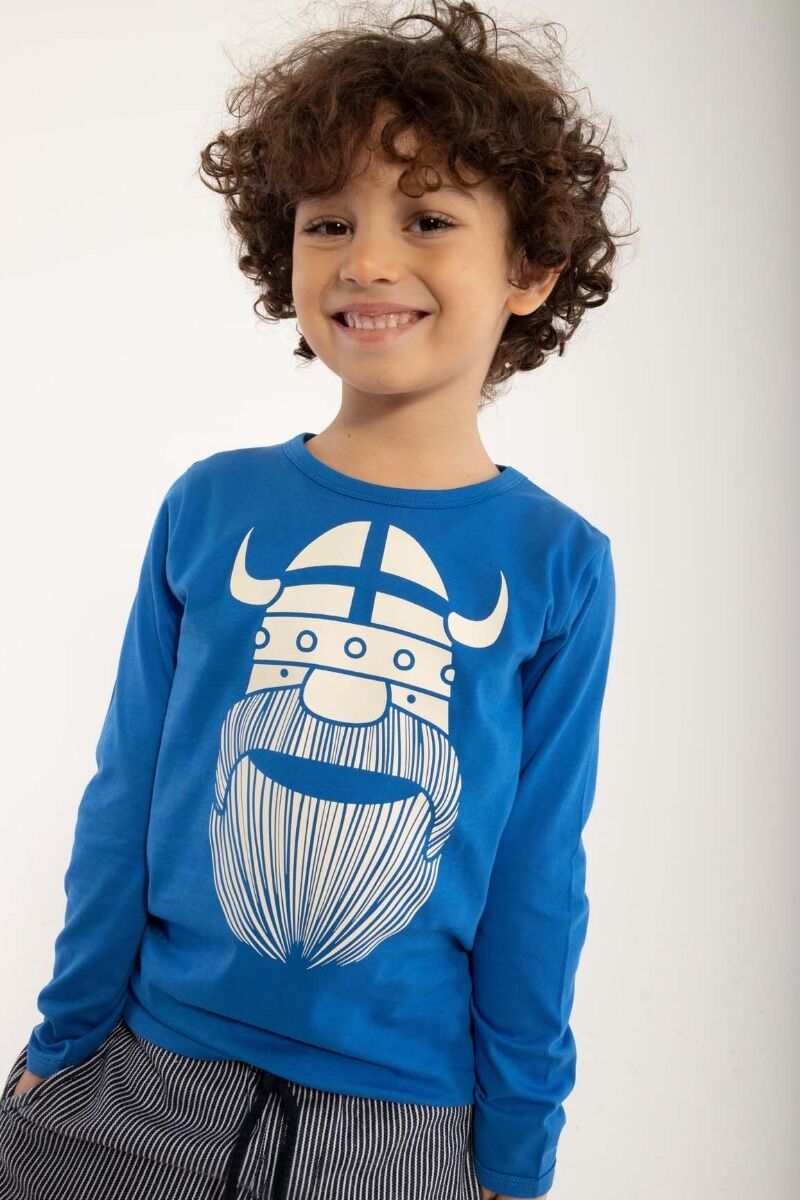 Langærmet blå bluse med print af vikingen Erik til børn