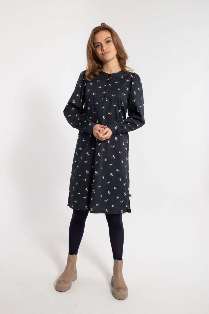 Danesocial Poplin Dress Black MINIFLOWER