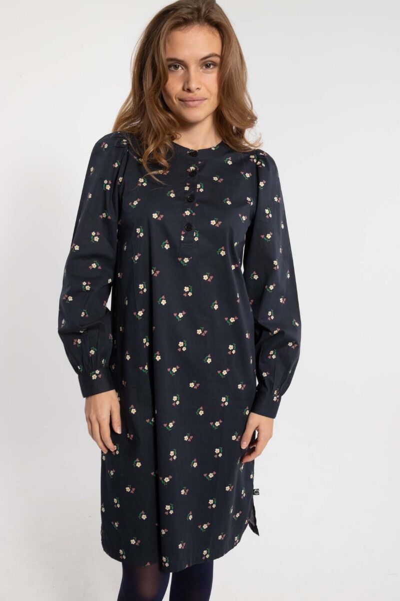 Danesocial Poplin Dress Black MINIFLOWER