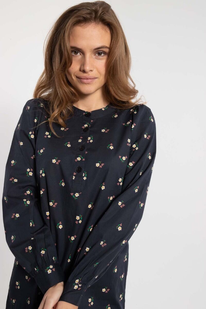Danesocial Poplin Dress Black MINIFLOWER