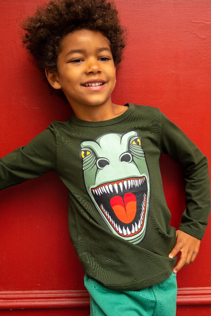 Lækker langærmet bluse til børn med print af t-rex dinosaur fra Dyr Cph