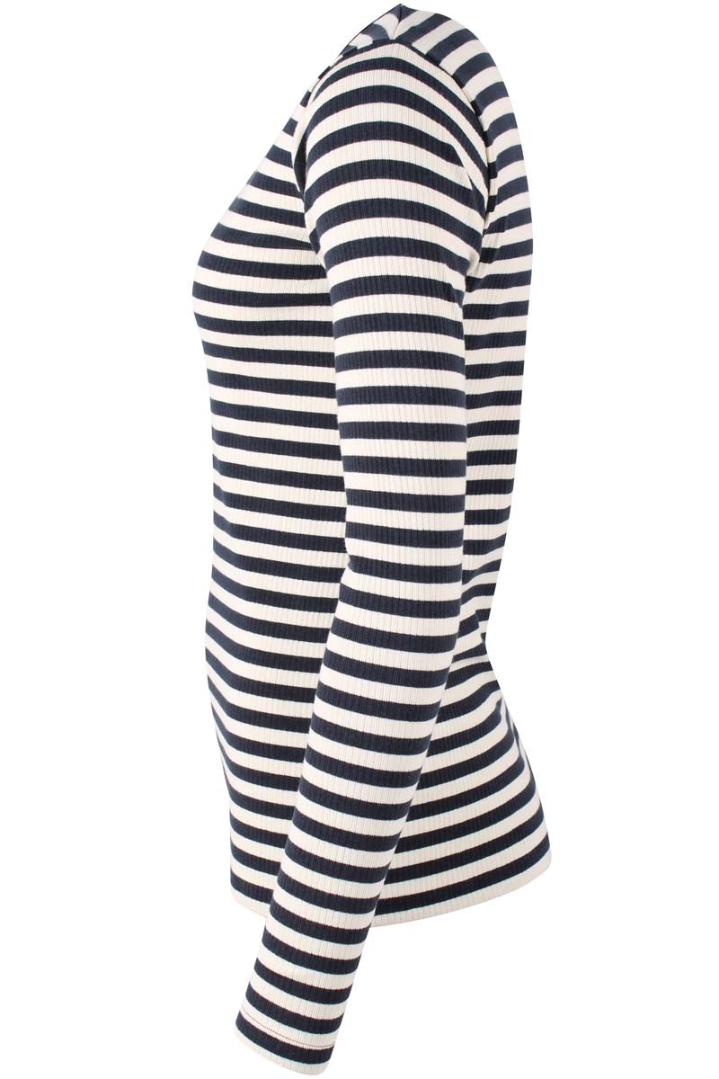 Lækker langærmet trøje med navyblå og hvide striber til kvinder