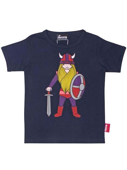 Sød navyblå t-shirt i bomuld til børn med print af vikingen Freja