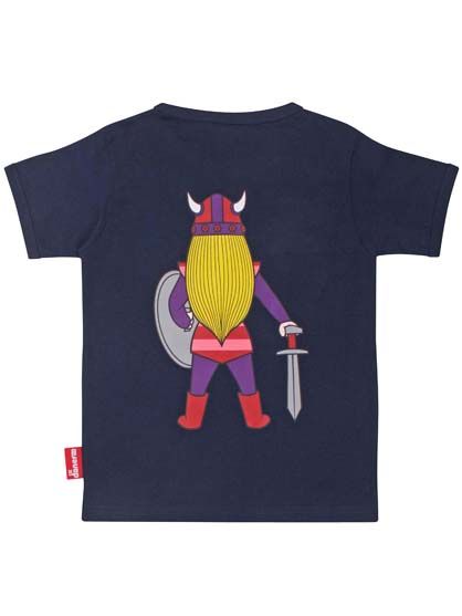 Sød navyblå t-shirt i bomuld til børn med print af vikingen Freja