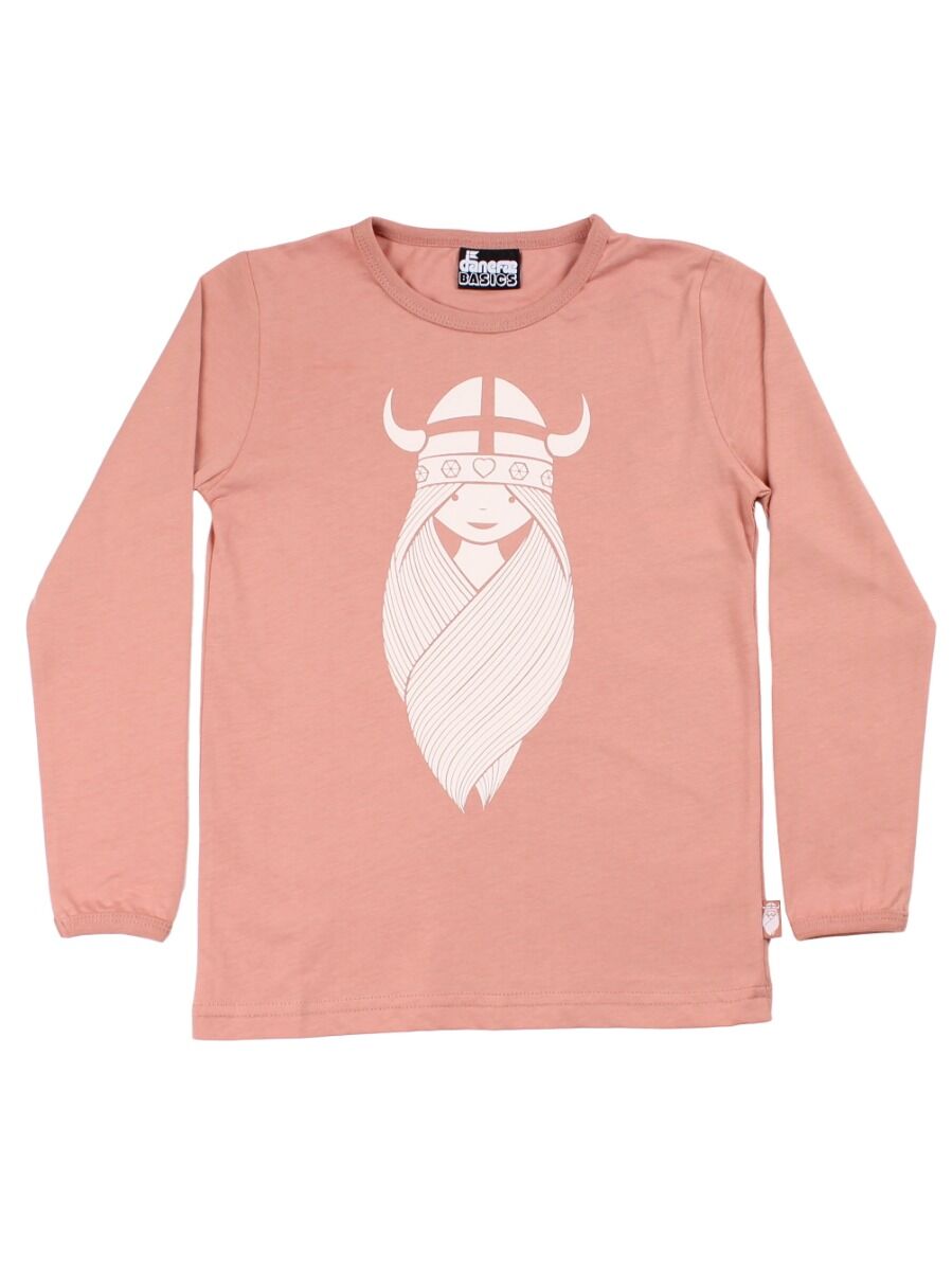 Sød langærmet bluse i rosabeige med print af vikingen Freja til børn