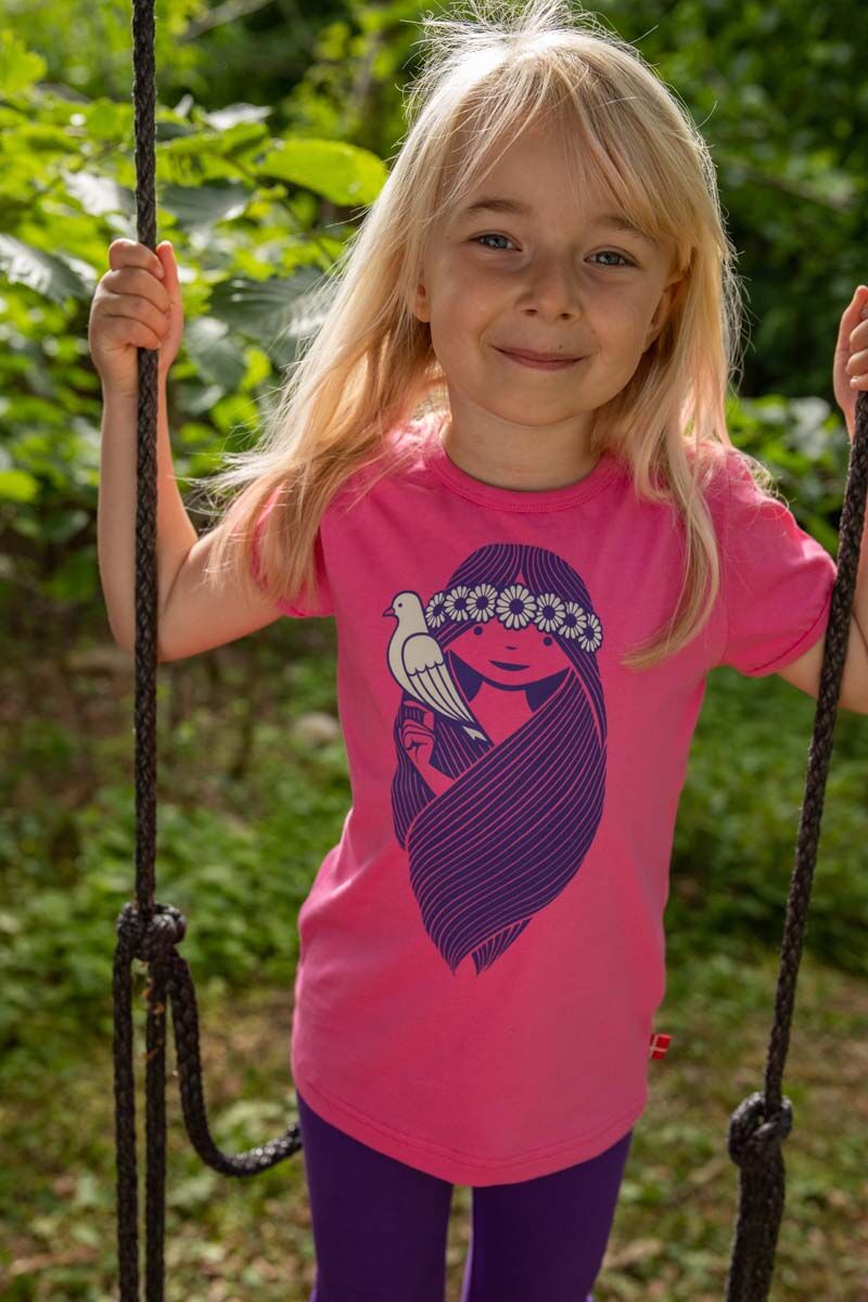 T-shirt til børn med pige og fugl