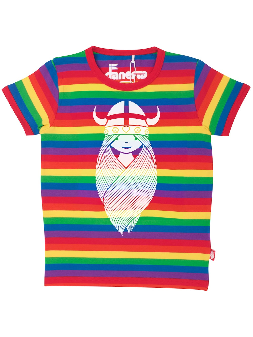 Fin regnbuestribet t-shirt i bomuld med print af vikingen Freja til børn