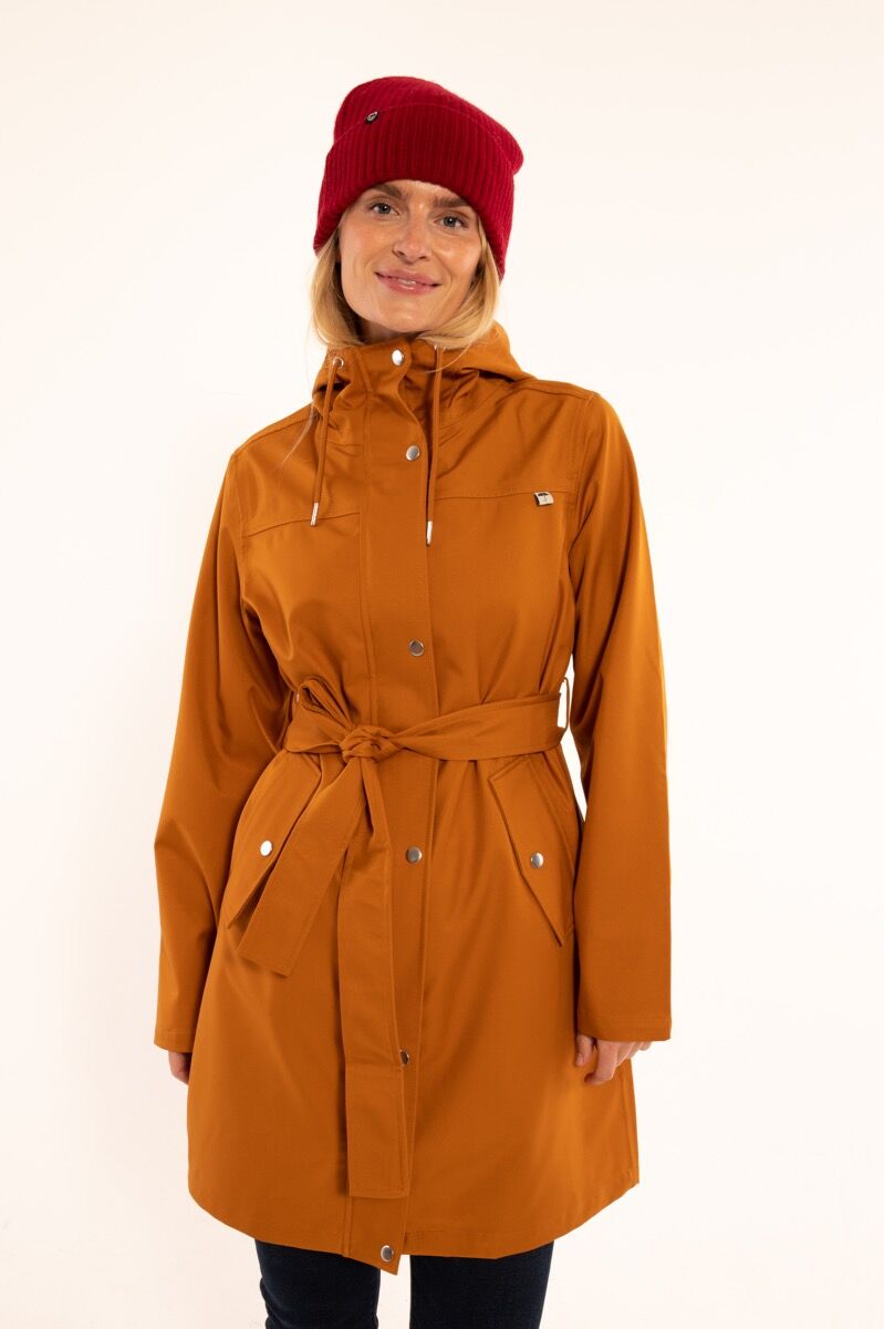 Vandtæt regnfrakke i okker til kvinder