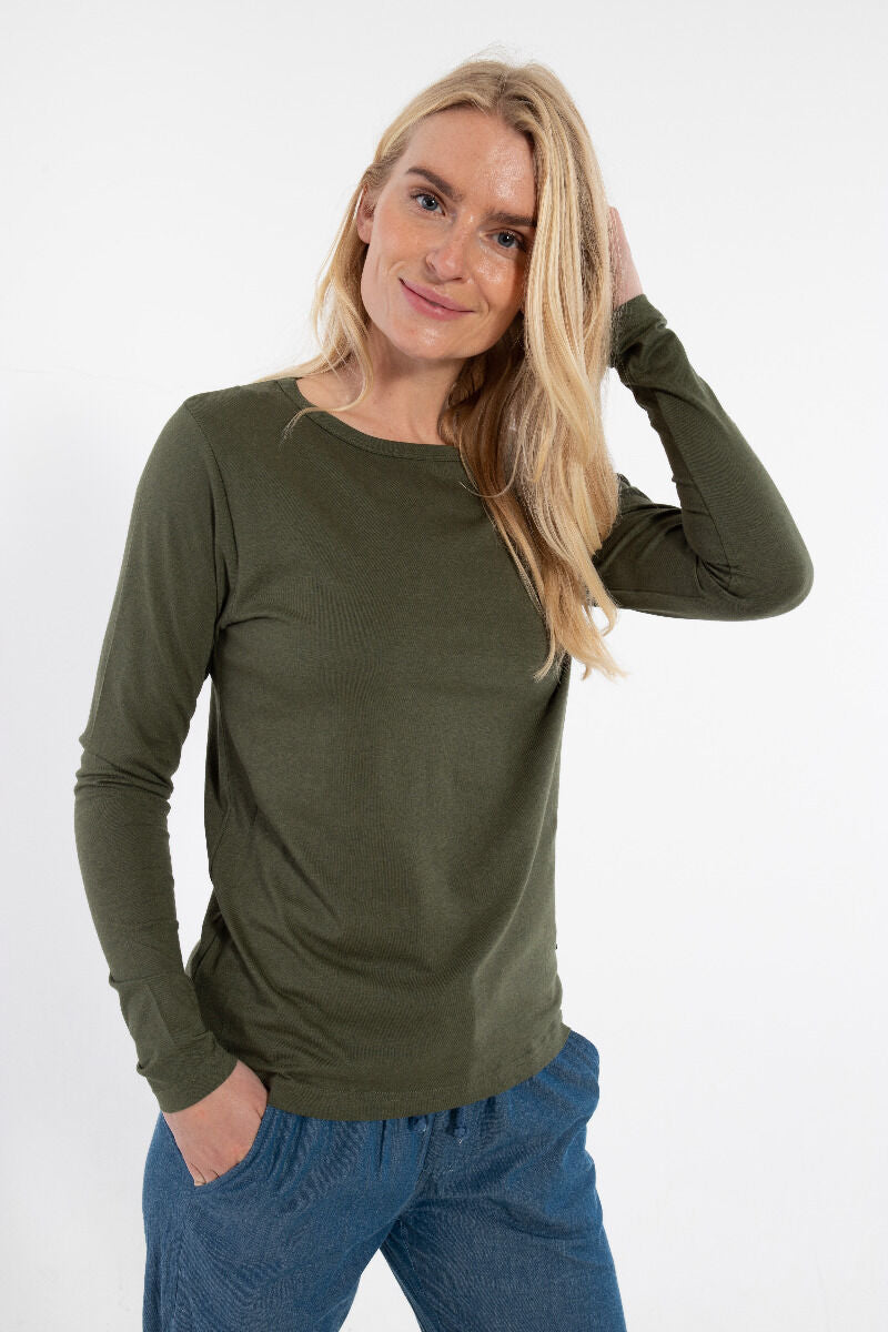 Langærmet bluse i armygrøn til kvinder