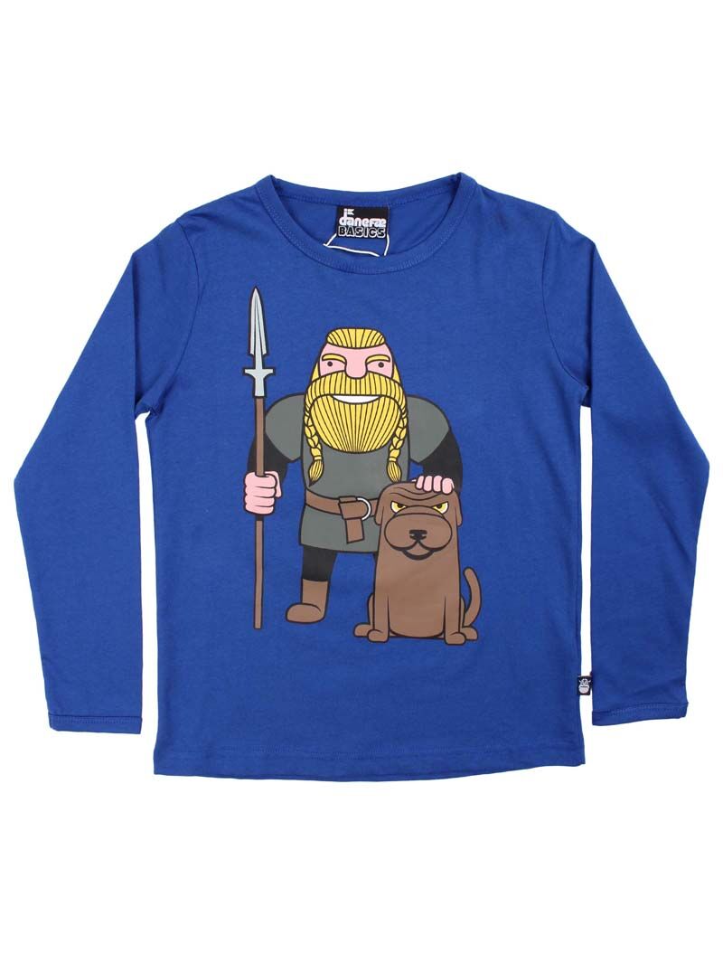 Langærmet blå bluse med print af vikingen Ulf og hund til børn