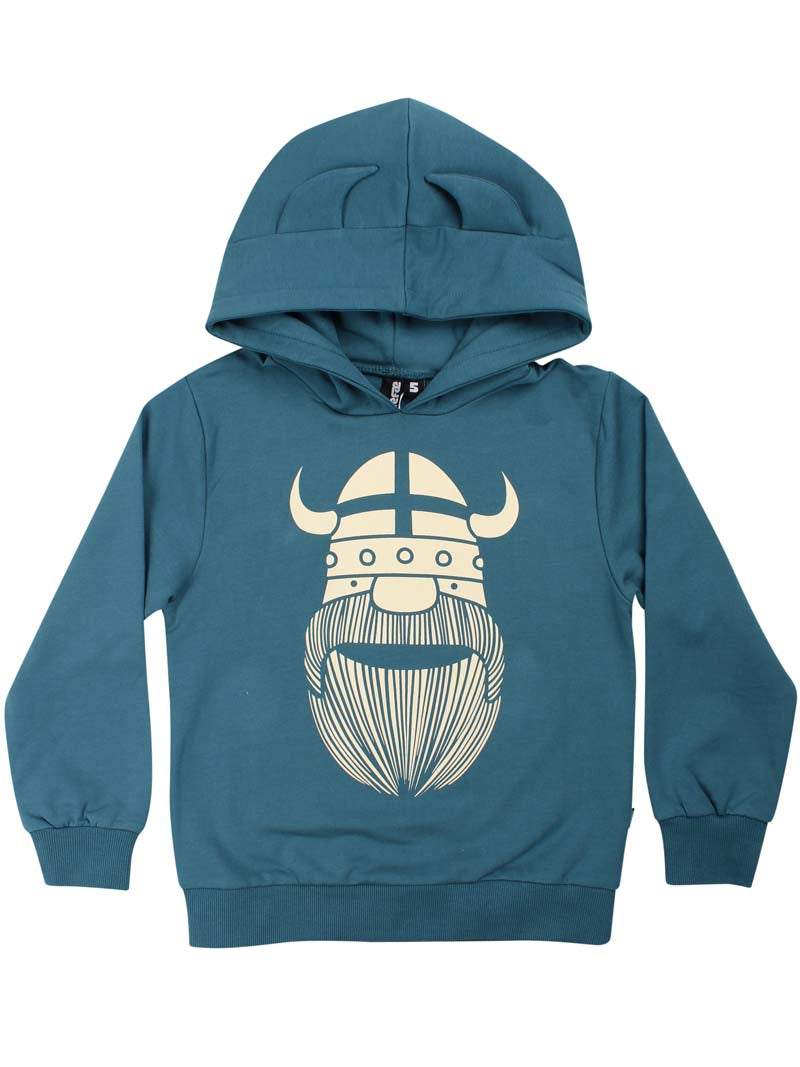 Hættetrøje med slevlysende viking og vikinge horn. 