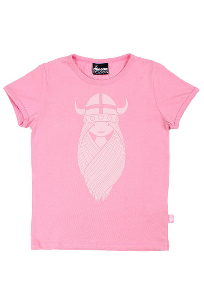 Sød rosa t-shirt i bomuld til børn med print af vikingen Freja