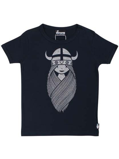 Sød navyblå t-shirt i bomuld til børn med glitterprint af vikingen Freja