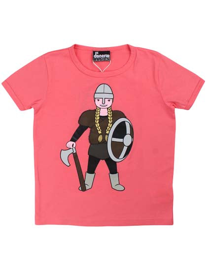 Sød koralfarvet t-shirt i bomuld til børn med print af vikingen Sif