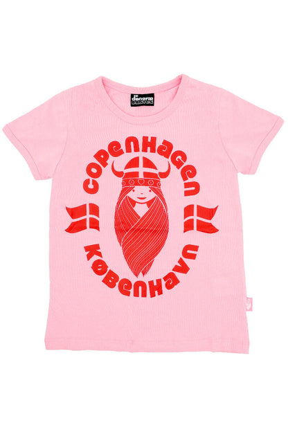 Sød lyserød t-shirt i bomuld til børn med print af vikingen Freja