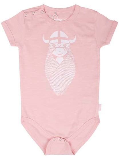Sød lyserød bodystocking i bomuld med print af viking til baby