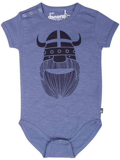 Sød støvet blå bodystocking i bomuld med print af viking til baby