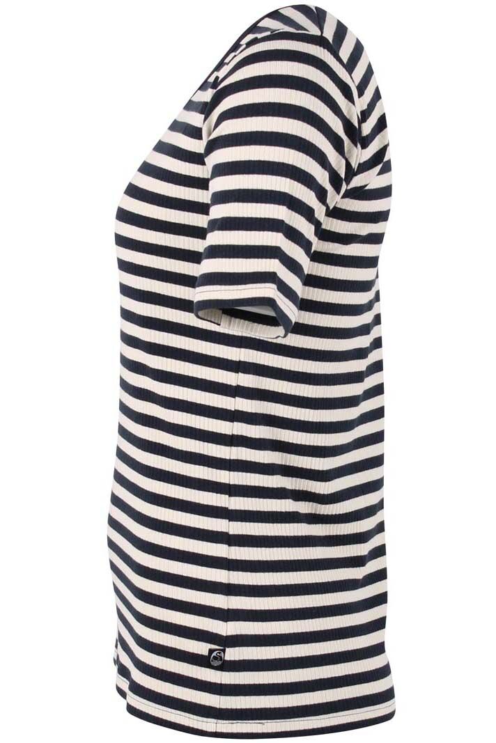 Lækker t-shirt med navyblå og hvide striber til kvinder