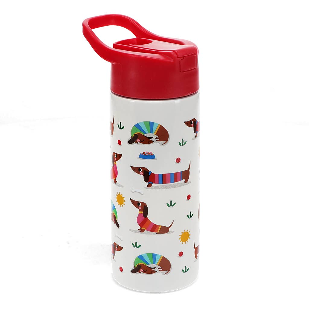 Rex Stainless steel bottle w. push button lid 500ml Sunny Sausage Dog