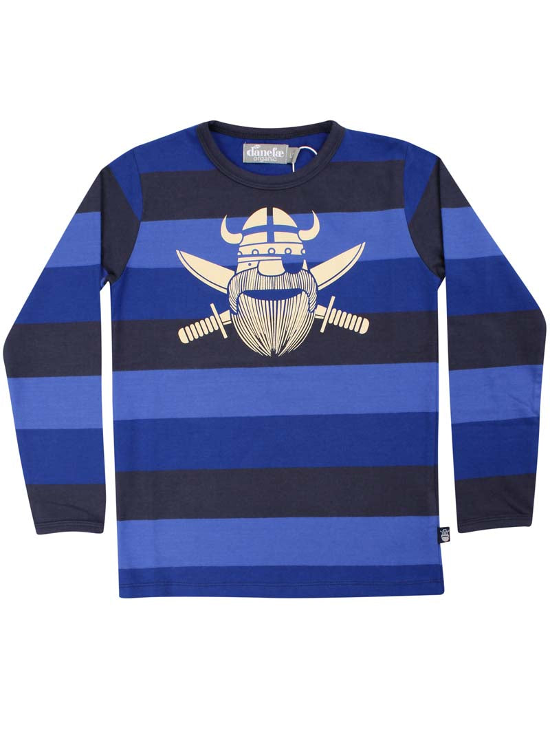 Sød langærmet bluse i bomuld med blå striber og print af piratviking til børn