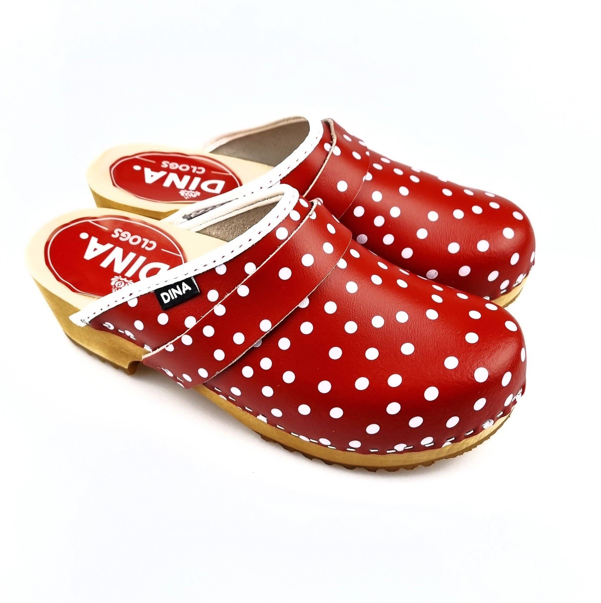 Dina Leather Clogs Red Polka Dot