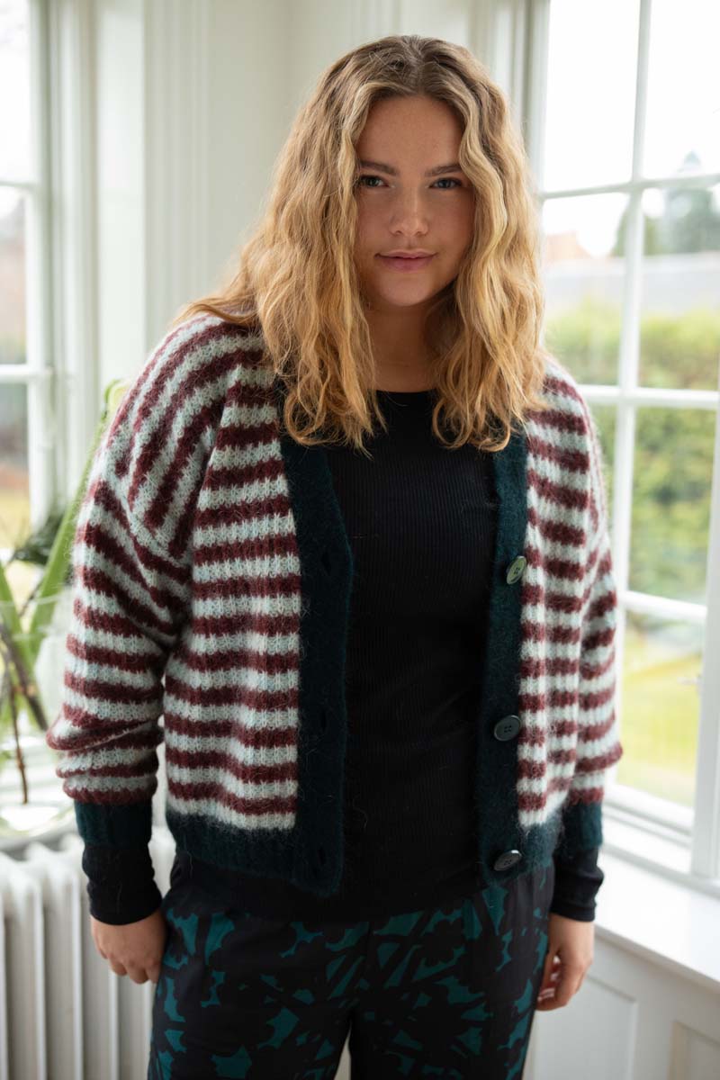 Danefamily Alpaca Cardigan Dk Merlot/Lt Blue Grey 