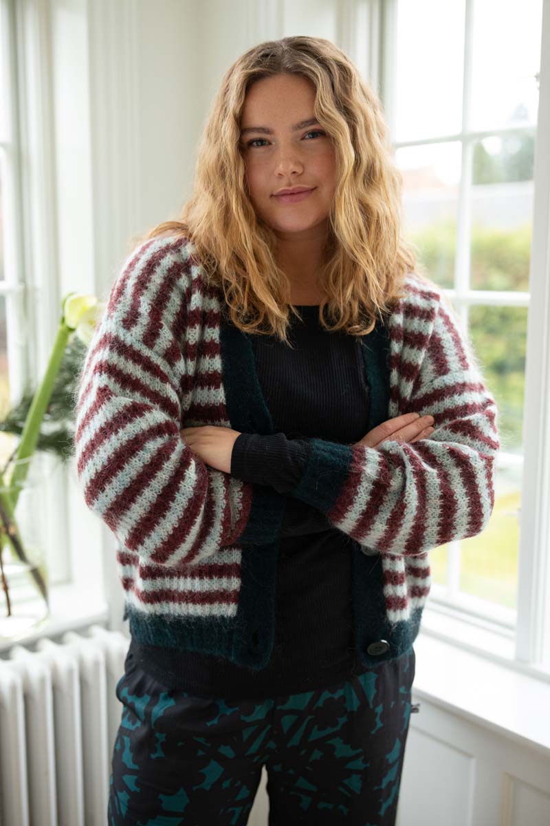 Danefamily Alpaca Cardigan Dk Merlot/Lt Blue Grey 