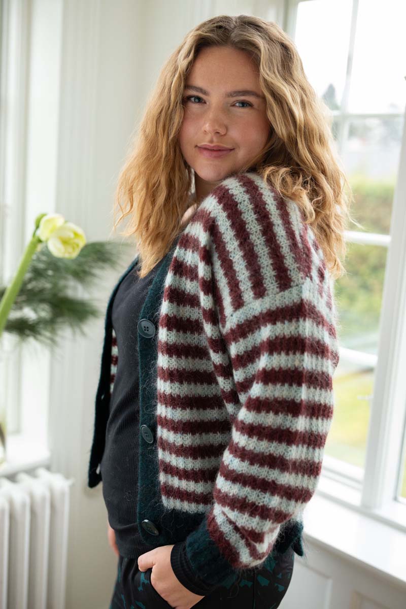 Danefamily Alpaca Cardigan Dk Merlot/Lt Blue Grey 