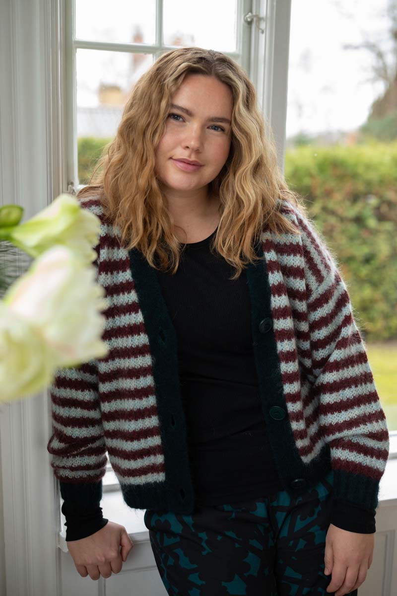 Danefamily Alpaca Cardigan Dk Merlot/Lt Blue Grey 