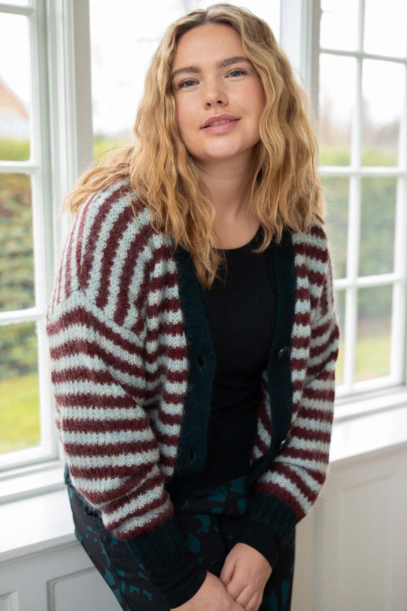 Danefamily Alpaca Cardigan Dk Merlot/Lt Blue Grey 