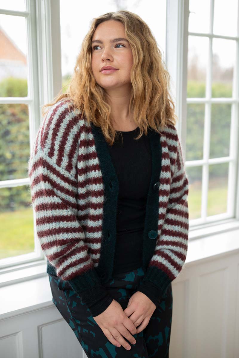 Danefamily Alpaca Cardigan Dk Merlot/Lt Blue Grey 