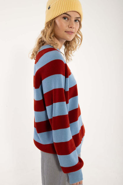 Danerelation Chunky Wool Sweater Dk Brick/Lt Blue Grey