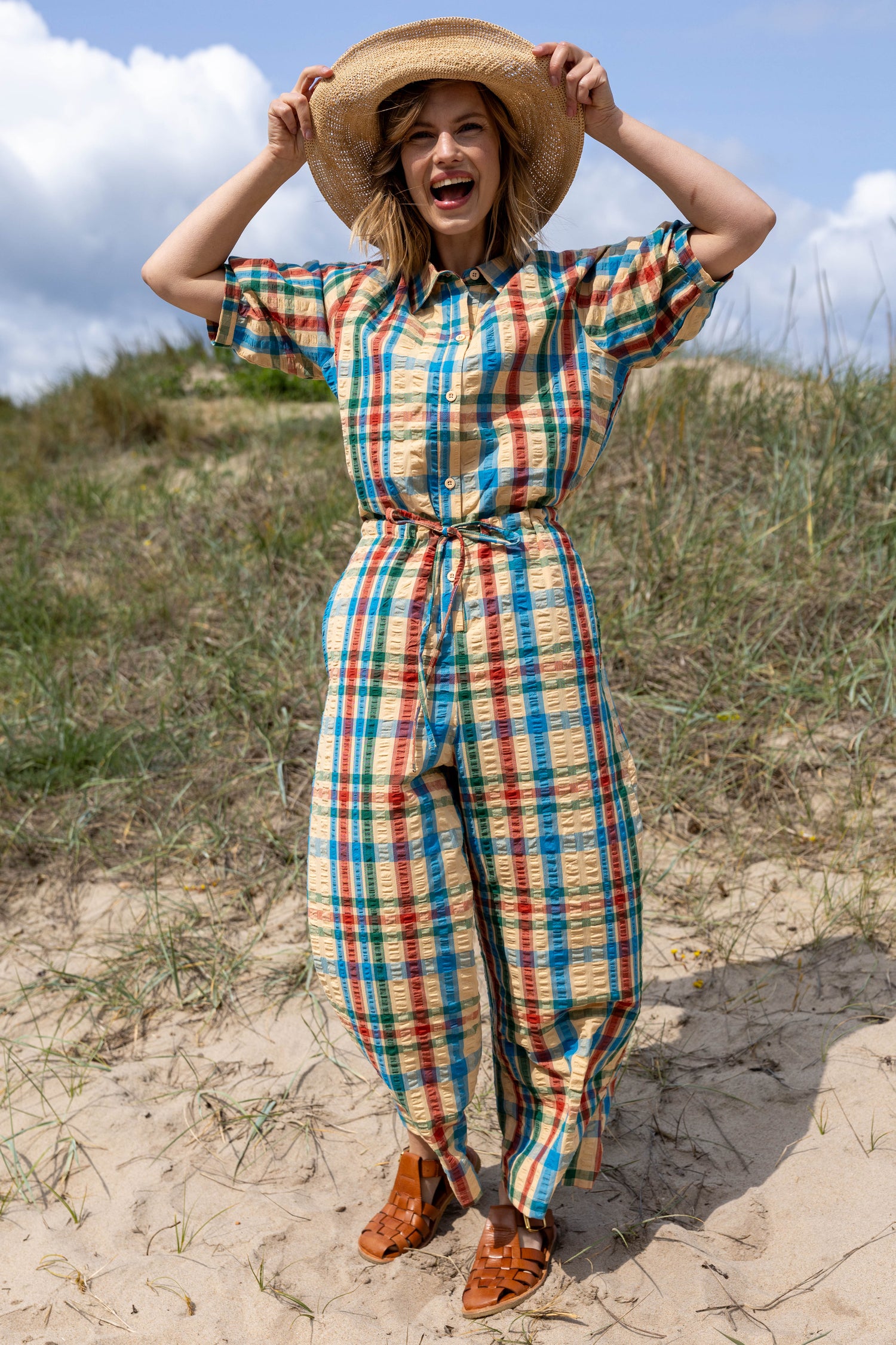 Smart bæk og bølge buksedragt i ternet mønster 