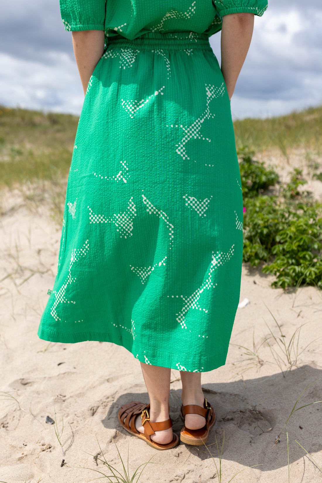 Sød mønstret bæk og bølge nederdel i grøn og hvid til kvinder 