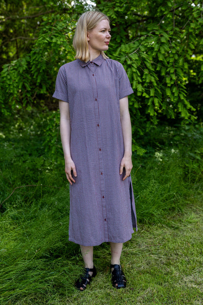 Sød bæk og bølge skjortekjole med rødbrune og lyseblå striber til kvinder