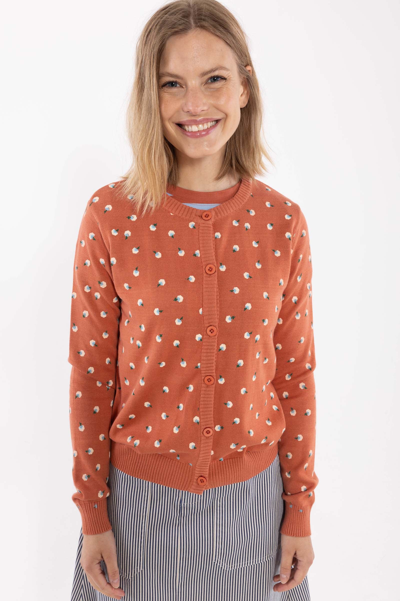 Fin og enkel orangebrun cardigan med blomstermønster til kvinder