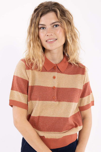 Smart stribet sweater med glitter, krave og korte ærmer til kvinder