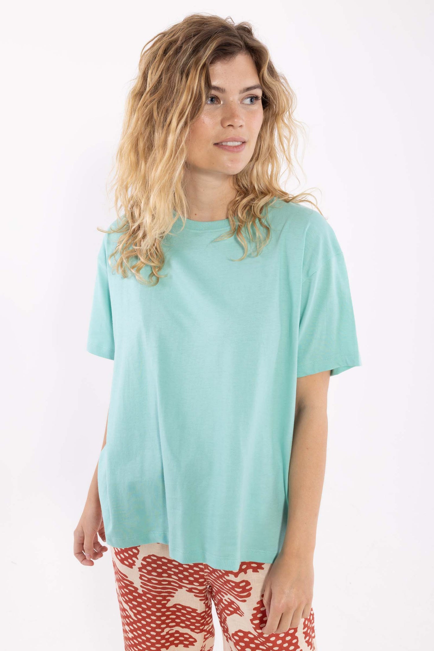Fin boxy t-shirt i mint med rund hals til kvinder