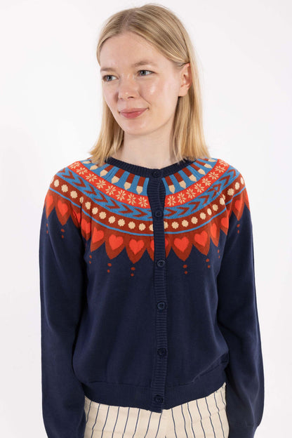 Fin navyblå cardigan med nordisk mønster til kvinder