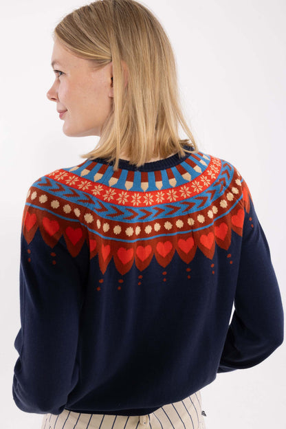 Fin navyblå cardigan med nordisk mønster til kvinder