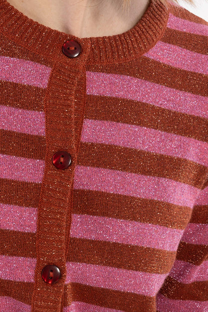 Sød cardigan med glitter og røde og lyserøde striber til kvinder