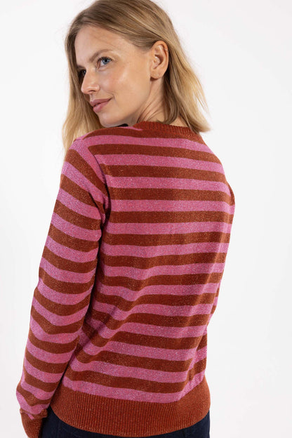 Sød cardigan med glitter og røde og lyserøde striber til kvinder