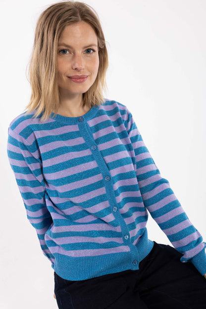 Sød glittercardigan med lyslilla og blå striber til kvinder