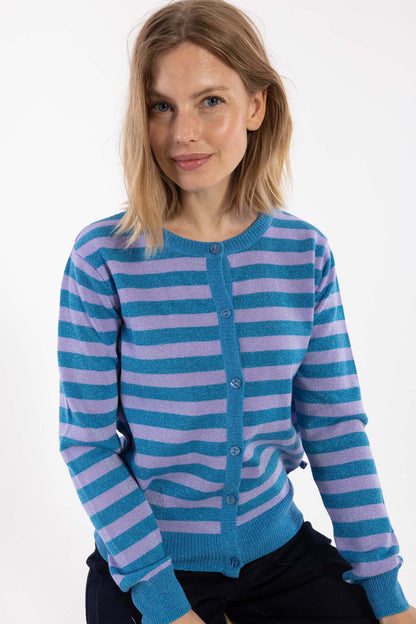 Sød glittercardigan med lyslilla og blå striber til kvinder