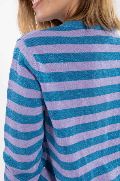 Sød glittercardigan med lyslilla og blå striber til kvinder