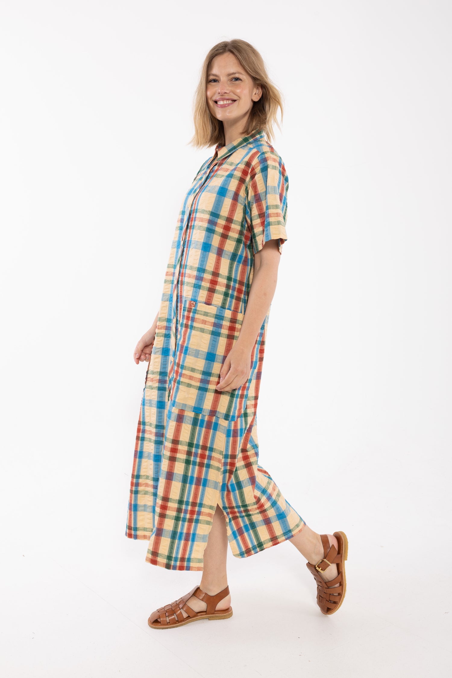 Smart bæk og bølge skjortekjole i ternet mønster 