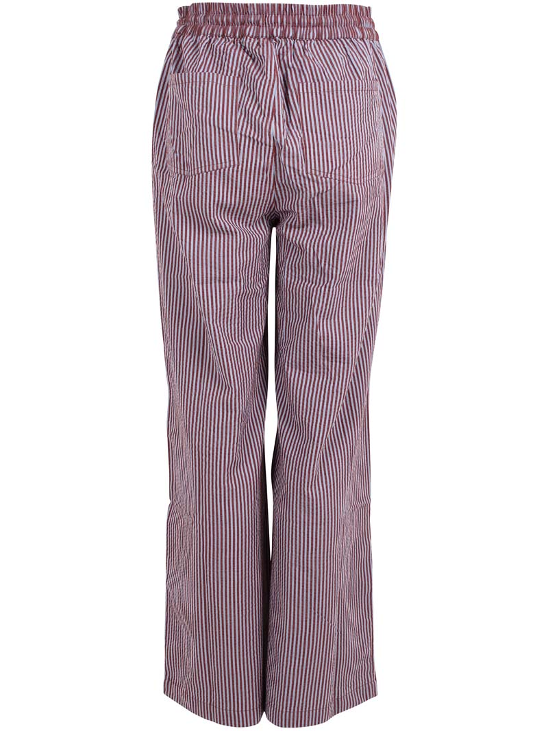 Lækre bæk og bølge bukser med elastik i taljen og lyseblå og rødbrune striber til kvinder