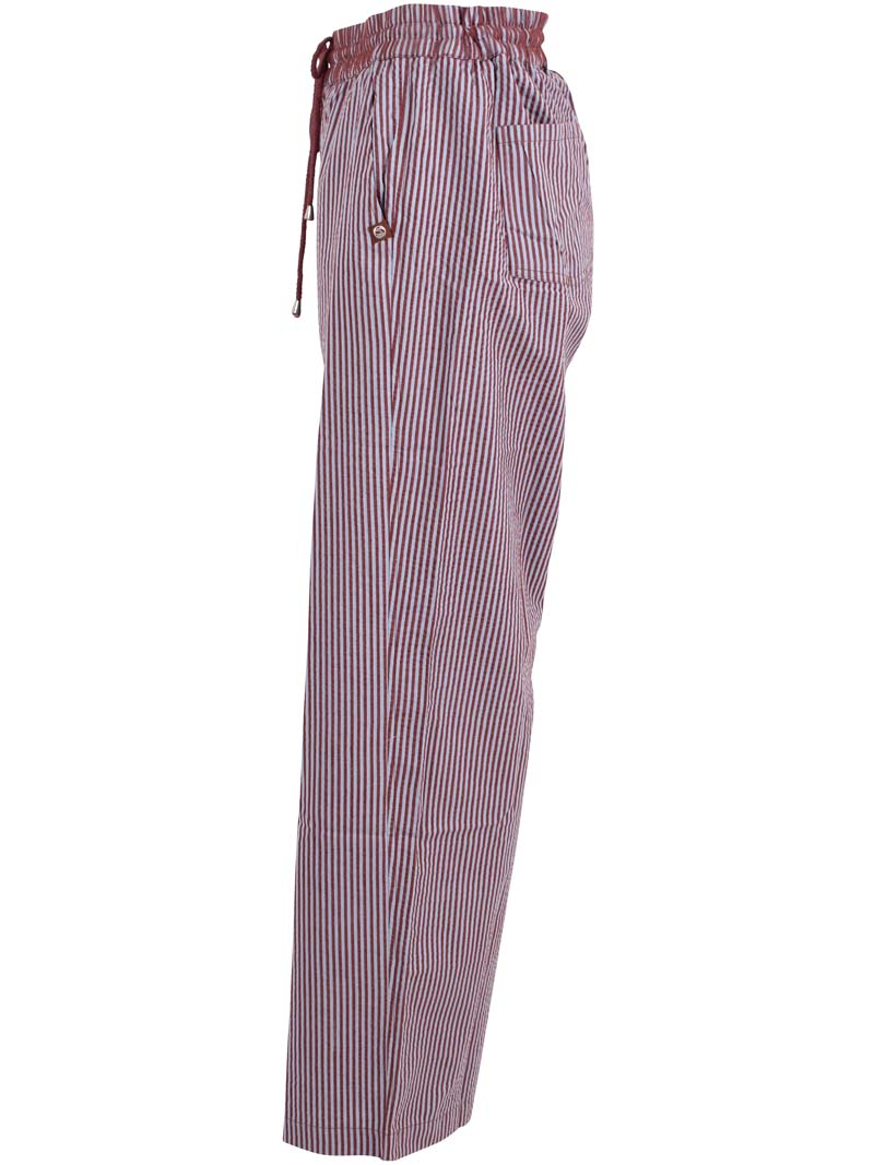 Lækre bæk og bølge bukser med elastik i taljen og lyseblå og rødbrune striber til kvinder