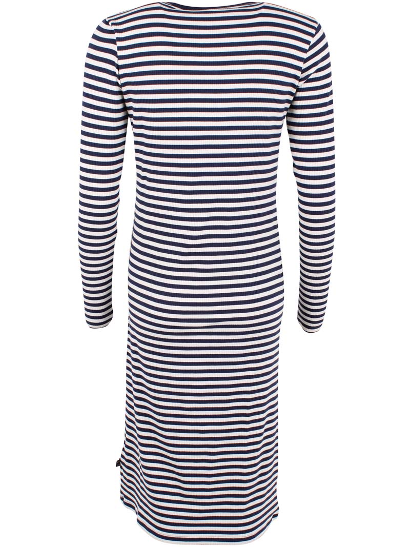 Elegant ribstrikket kjole med navyblå og hvide striber til kvinder